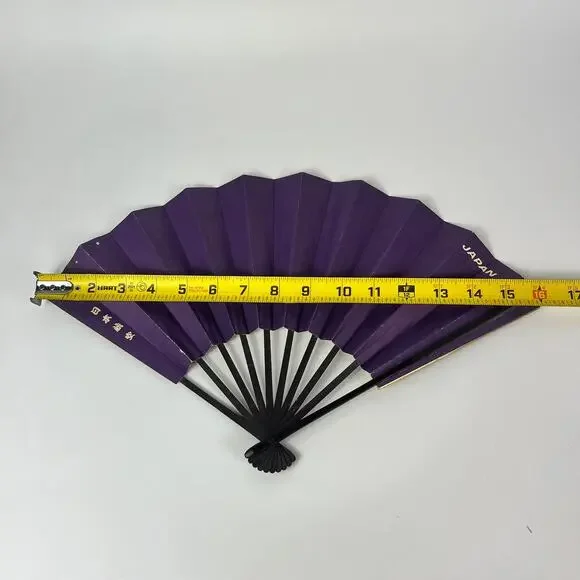 Vintage Folding Hand Fan Japanese Air Lines Purple Gold Wood Traditional Collect - Picture 11 of 11
